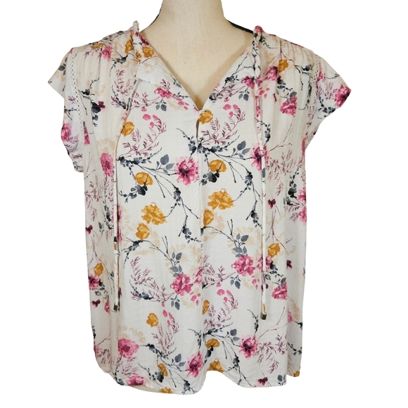 Buffalo David Bitton Floral Blouse, Capped Sleeves, Small - Picture 1 of 13